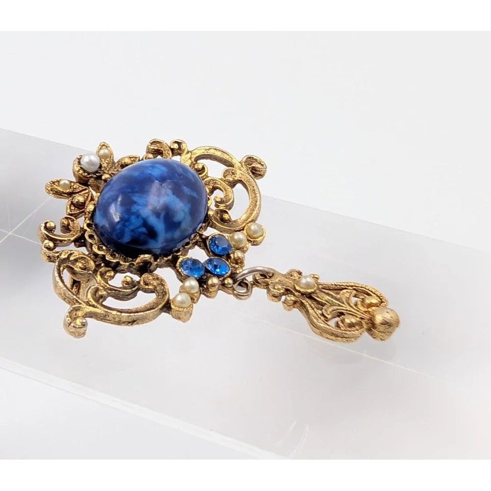 Vintage Blue Cabochon Brooch‎ Gold Tone Dangle Ornate Victorian Revival